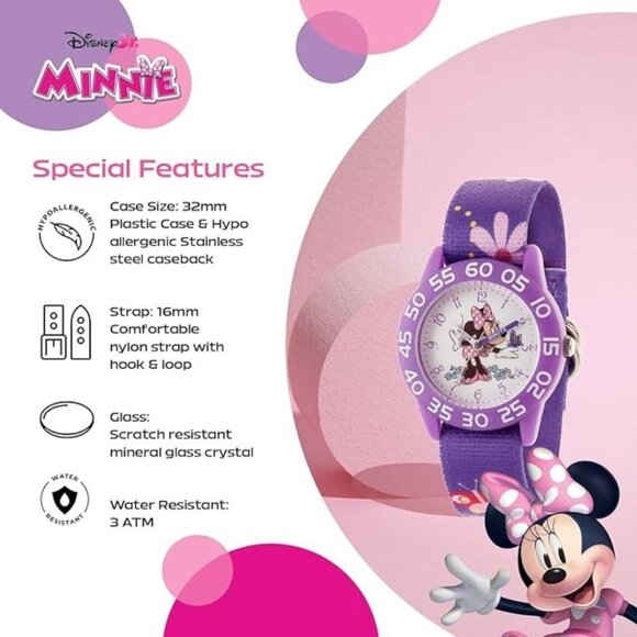 NWT - Disney Minnie Mouse Kids' Bezel Stainless Steel Time Teacher Analog Nylon - Picture 11 of 13